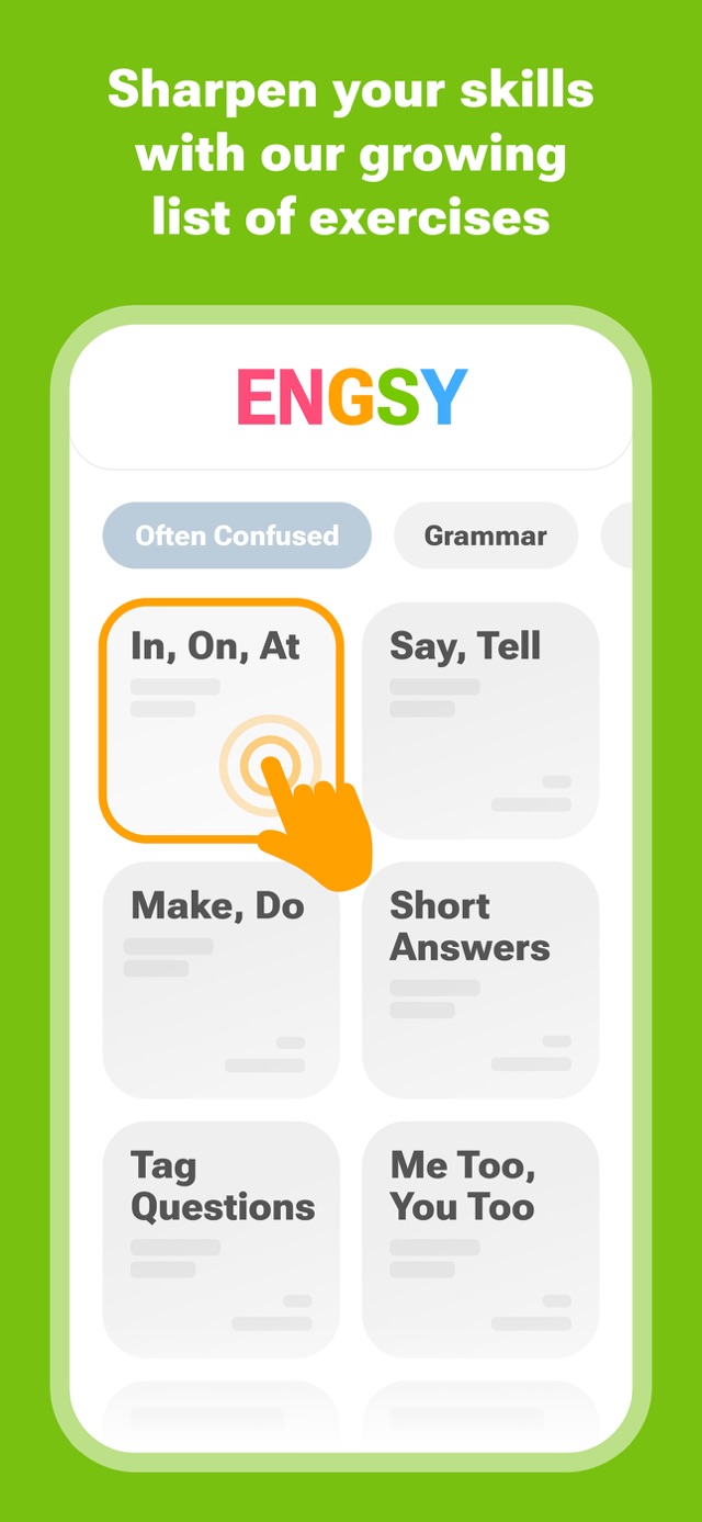 Engsy home screen with drill categories: Often Confused and Grammar