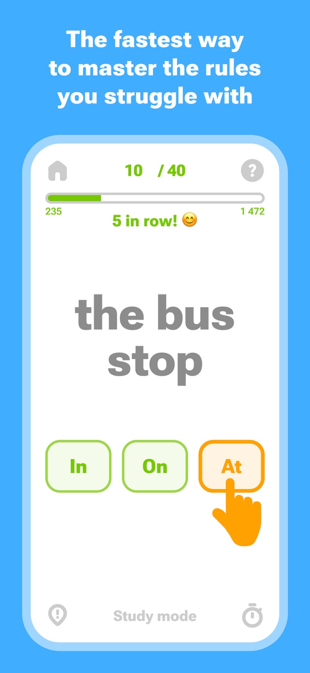 Engsy drill screen — choosing between In, On and At for 'the bus stop'